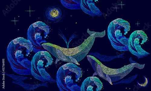 Embroidery whales seamless pattern. Blue whales float the night sea. Classical art embroidery, big waves ocean and whales seamless pattern. Template for clothes, textiles, t-shirt design
