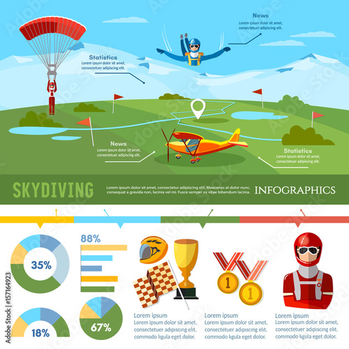 Skydiving teamwork infographic championship on jumps from parachute extreme sport. Skydiver jumps from an airplane vector