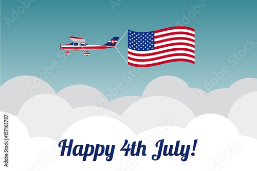 Plane in the sky  with American flag. Vector illustration