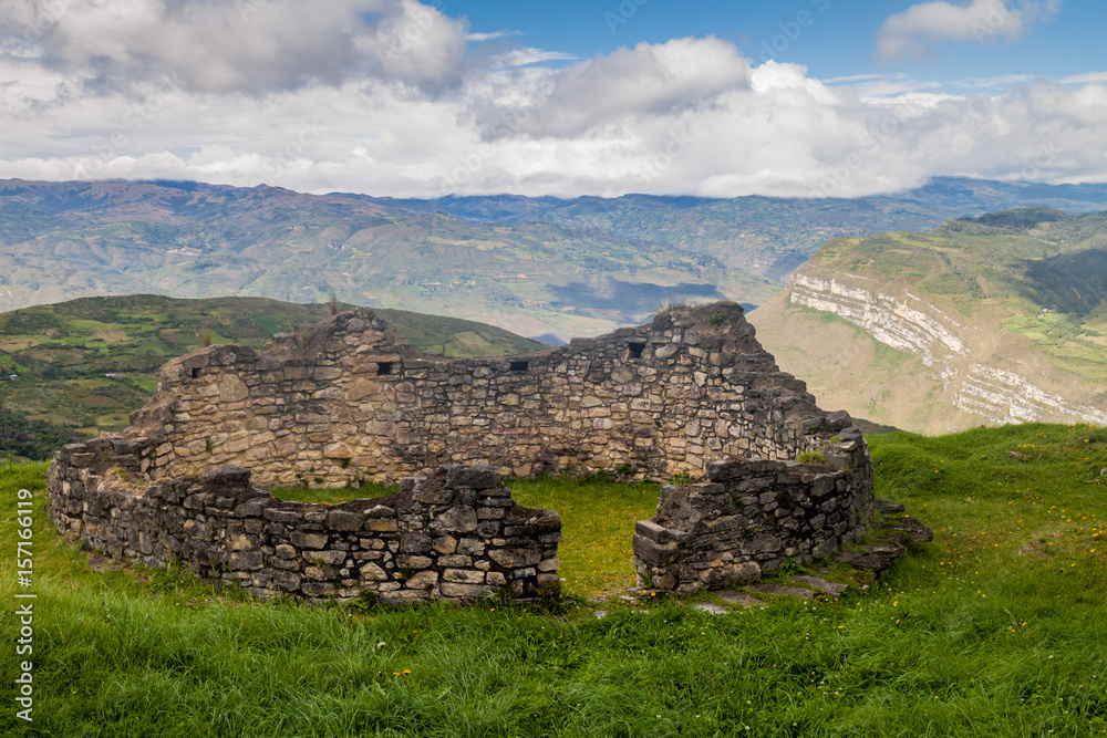 Remnants of a round house in Kuelap, ruined citadel city of Chachapoyas cloud forest culture in mountains of northern Peru.