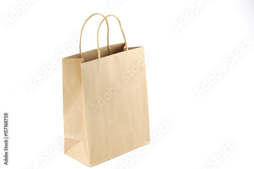 close up on brown recycle paper gift bag isolated on white background