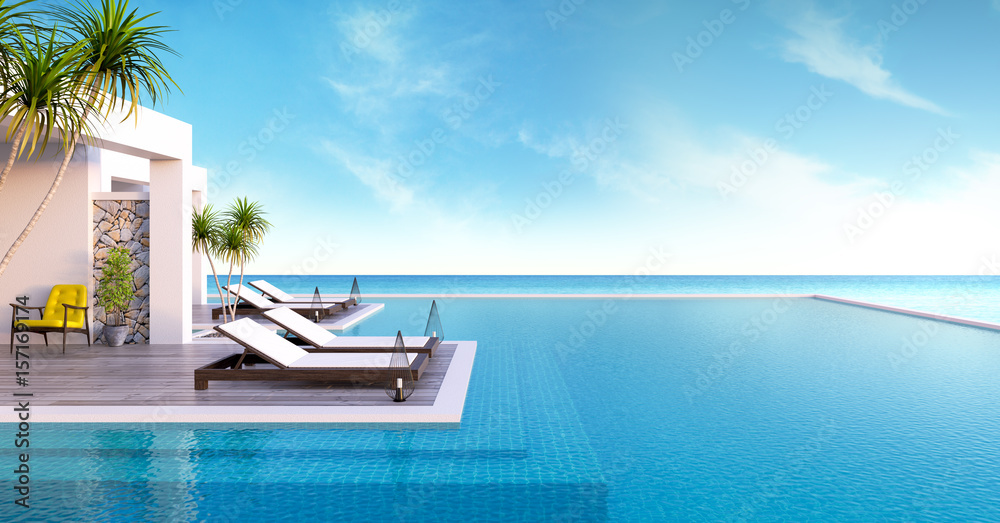 Fototapeta premium Beach lounge ,sun loungers on Sunbathing deck and private swimming pool with panoramic sea view at luxury villa/3d rendering