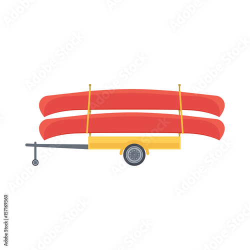 Yellow trailer with red canoe, vector illustration in flat design style