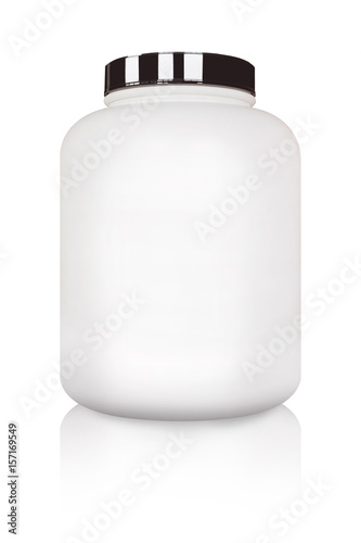 Bodybuilding supplements, a can of whey protein and gainer powder isolated on white background with clipping path, sport nutrition container without label.