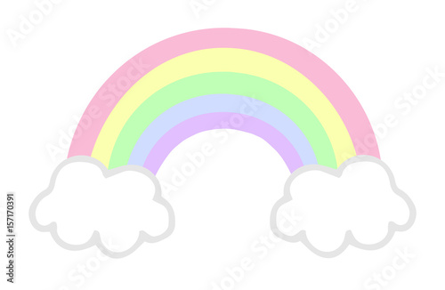 Pastel colorful rainbow with clouds, vector illustration doodle drawing.