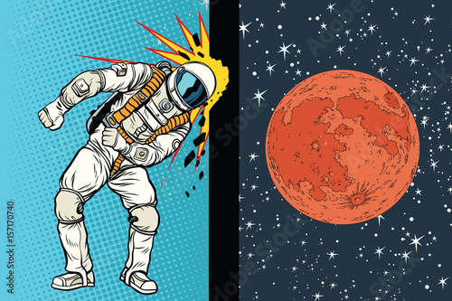 Cosmonaut knocks head on the wall. A dream to be on Mars