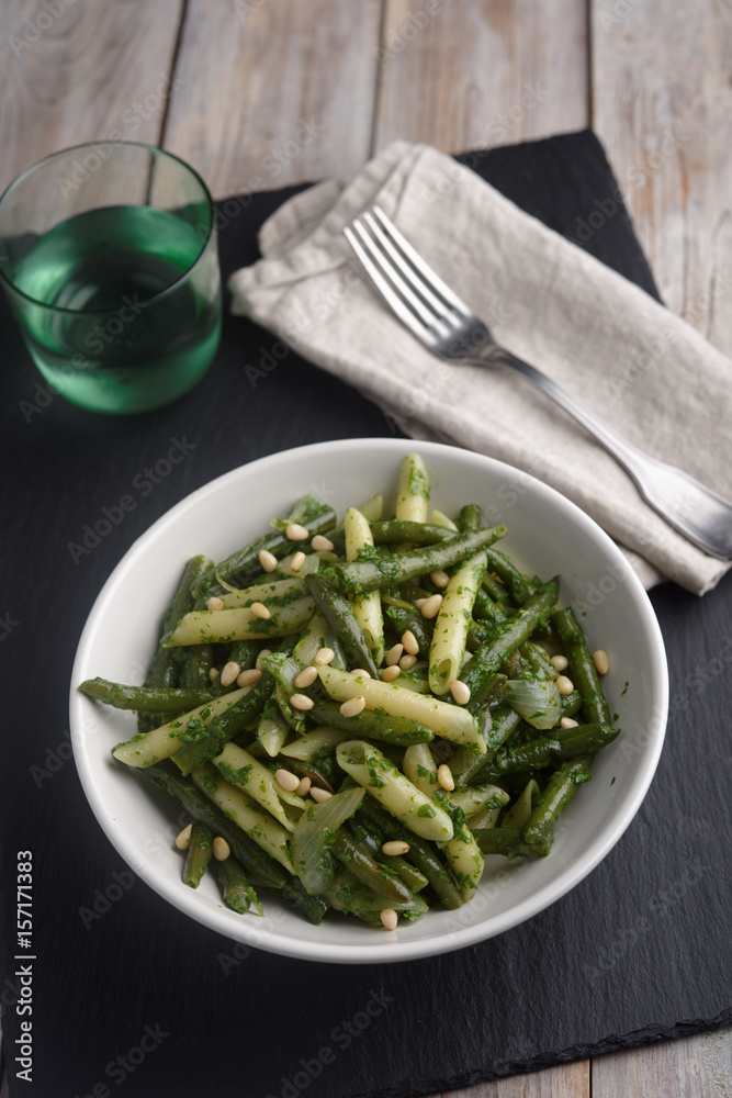Pasta with vegetables, pesto, and pine nuts Pasta with vegetables, pesto, and pine nuts