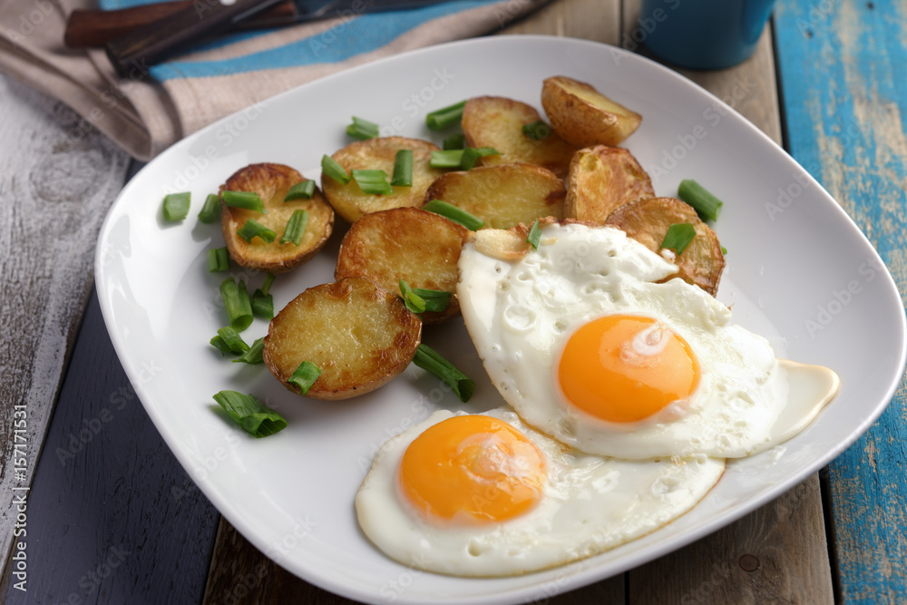 Fried eggs with potato Fried eggs with potato