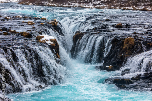 beautiful Bruarfoss waterfall with turquoise water