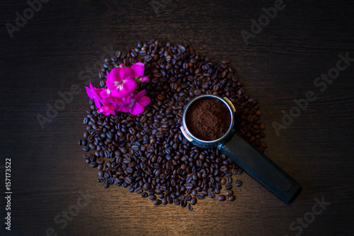 Coffee bean with pink flower and ground coffee, coffee, background, flowers, floral background
