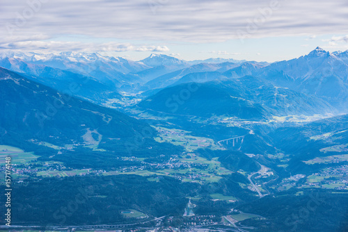 View from Hafelekarspitze at Innsbruck to the Brenner Pass between Austria and Italy with beautiful mountain landscape