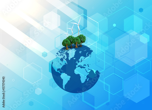 Abstract digital technology connection on Earth concept background. Background of environmental protection. Vector illustration
