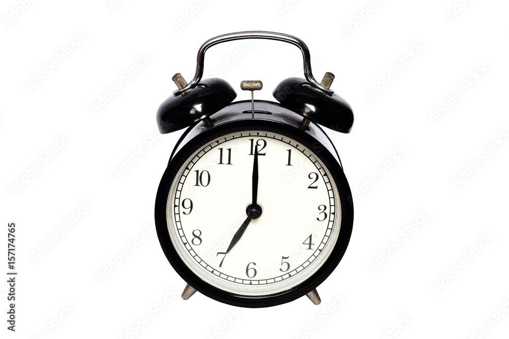 Classic alarm clock show time 7 o'clock (or 19 o'clock), isolated on white background