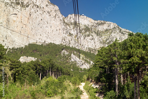 Cable car to mount Ai-Petri, view from the cabin on the rocks
