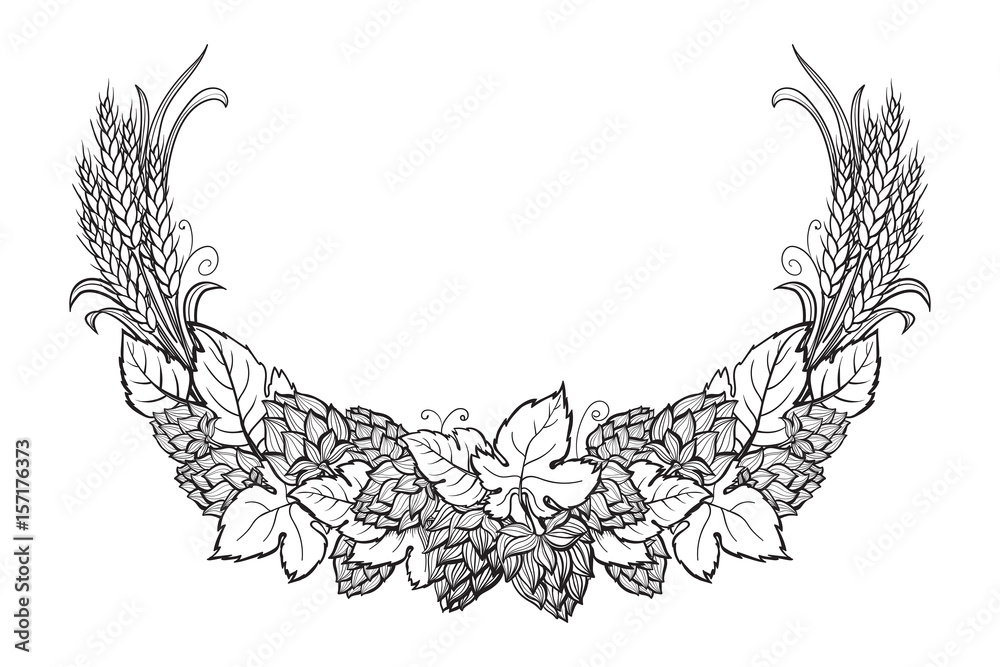 Naklejka premium Wheat and beer hops branch with wheat ears, leaves and hop cones. Sketch and engraving design plant angular frame. All element isolated.