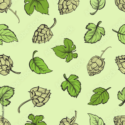 Hand drawn engraving style Hops Seamless pattern. Common hop or Humulus lupulus branch with leaves and cones. Black and white Vector Floral background