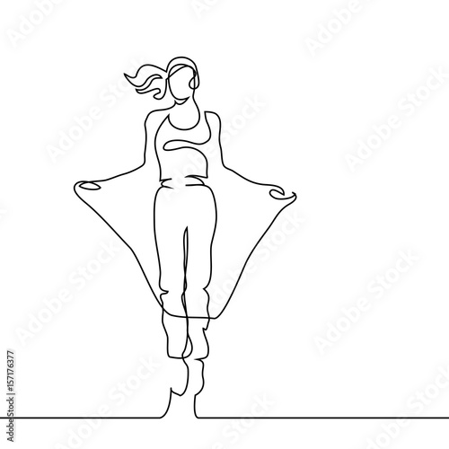 Continuous line drawing. Happy jumping woman on white background. Vector illustration.