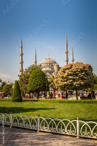 Beautiful view of the famous Blue Mosque (Sultanahmet Camii). Istanbul. Turkey.