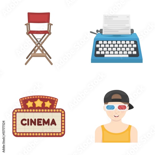 Chair of the director, typewriter, cinematographic signboard, film-man. Films and cinema set collection icons in cartoon style vector symbol stock illustration web.