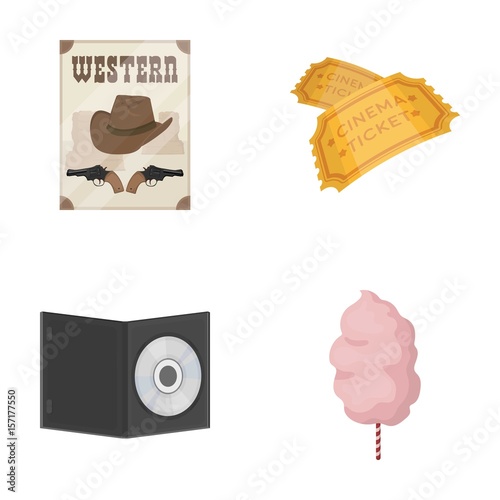 Western cinema, tickets, sweet cotton wool, film on DVD.Filmy and cinema set collection icons in cartoon style vector symbol stock illustration web.