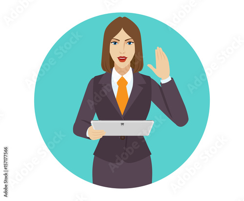 Businesswoman holding a digital tablet PC and greeting someone with his hand raised up