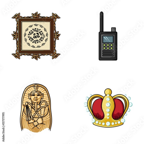 Picture, sarcophagus of the pharaoh, walkie-talkie, crown. Museum set collection icons in cartoon style vector symbol stock illustration web.