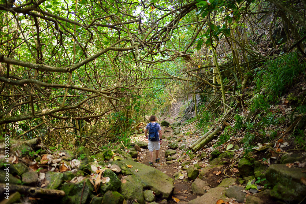 Young male tourist hiking on beautiful Pololu loop trail located near Kapaau, Hawaii Young male tourist hiking on beautiful Pololu loop trail located near Kapaau, Hawaii