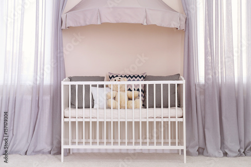 Crib with canopy near windo...