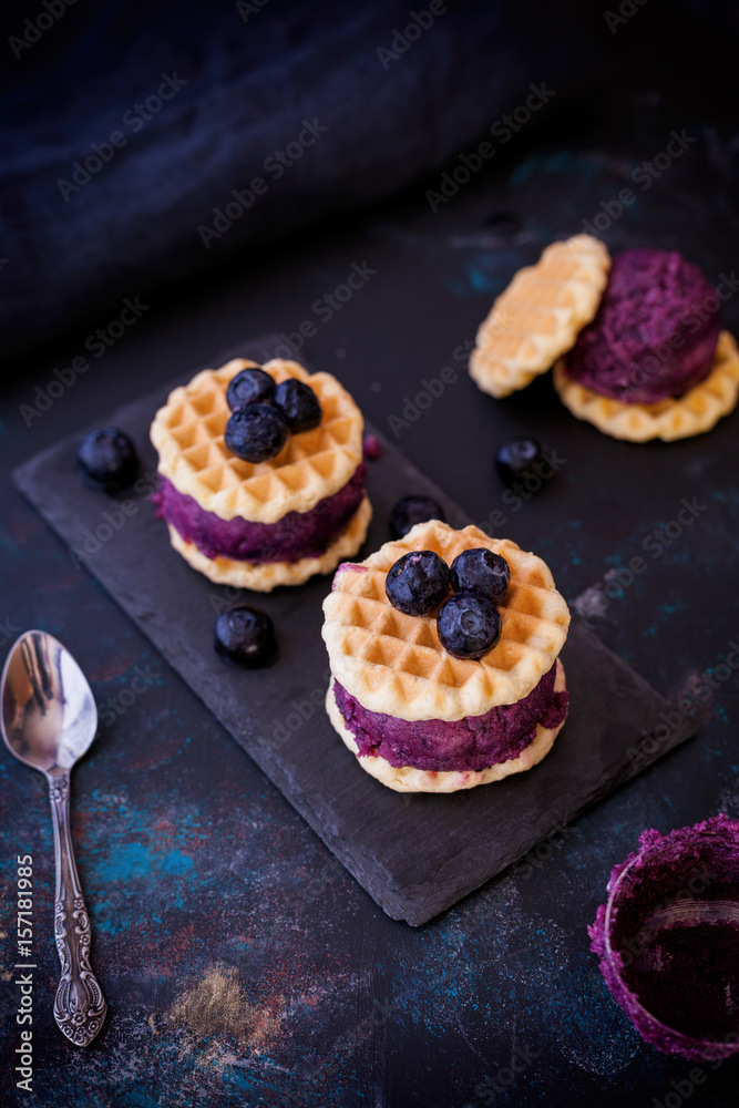Waffles and Blueberry Ice Cream