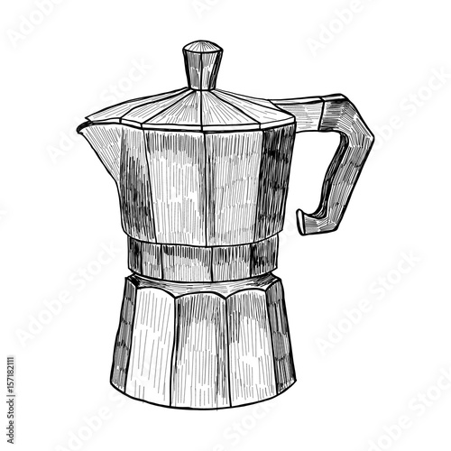 Sketch of Coffee maker Hand drawn coffee maker illustration in engraving style for menu or cafe.
