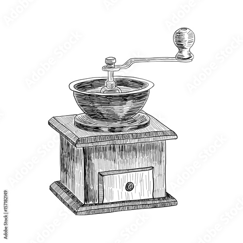 Coffee grinder freehand pencil drawing isolated on white background vector illustration. Retro manual coffee grinder or mill with coffee beans sketch in vintage style. Cafe or restaurant menu design