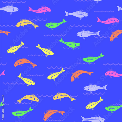 Colored Fish Seamless Pattern Isolated on Blue Background