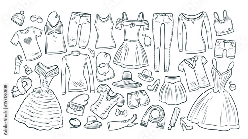 Fashion, shopping, boutique set icons. Collection of fashionable women's clothing. Vector illustration