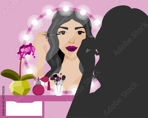 Vector illustration with girl doing makeup tutorial at vanity table, mirror and cosmetics product