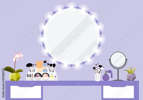 Vector illustration with make-up table, mirror and cosmetics product