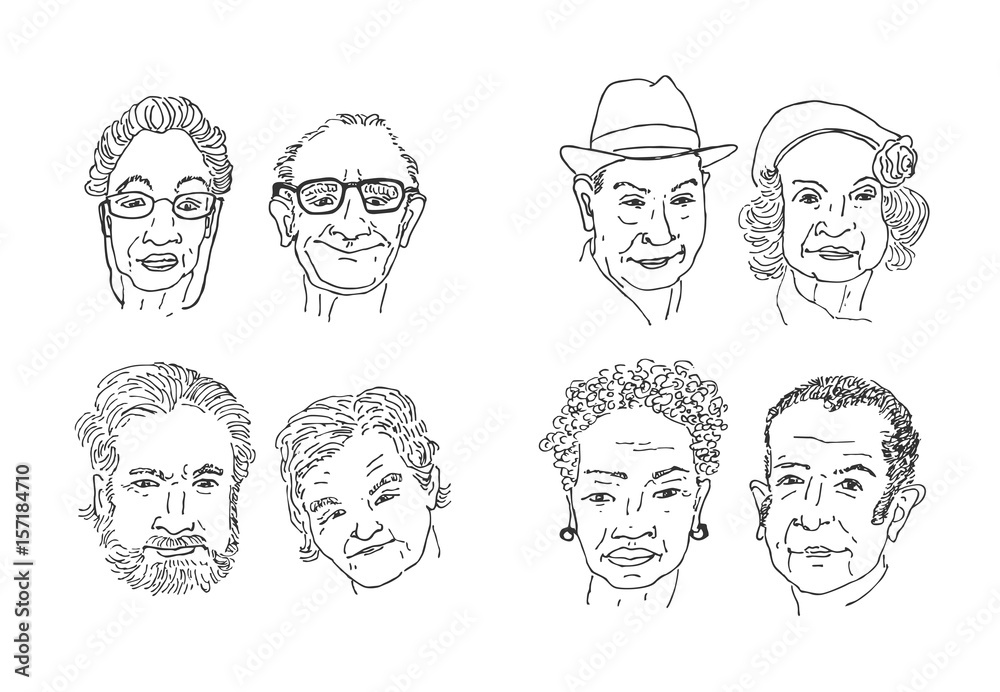 Old people faces drawing. Men and women faces hand drawing cartoon. Faces  sketching vector. Stock Vector | Adobe Stock