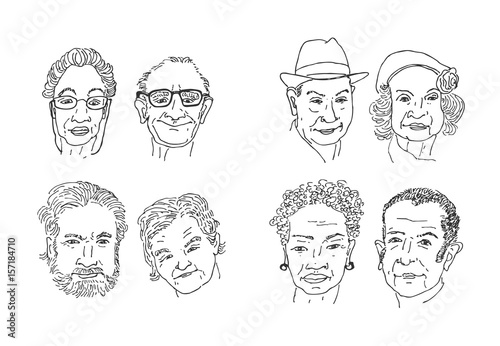 Old people faces drawing. Men and women faces hand drawing cartoon. Faces sketching vector.