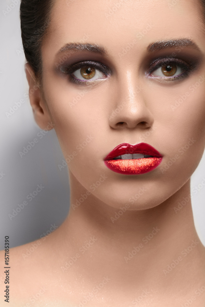 Beautiful young woman with creative makeup on light background, closeup Beautiful young woman with creative makeup on light background, closeup