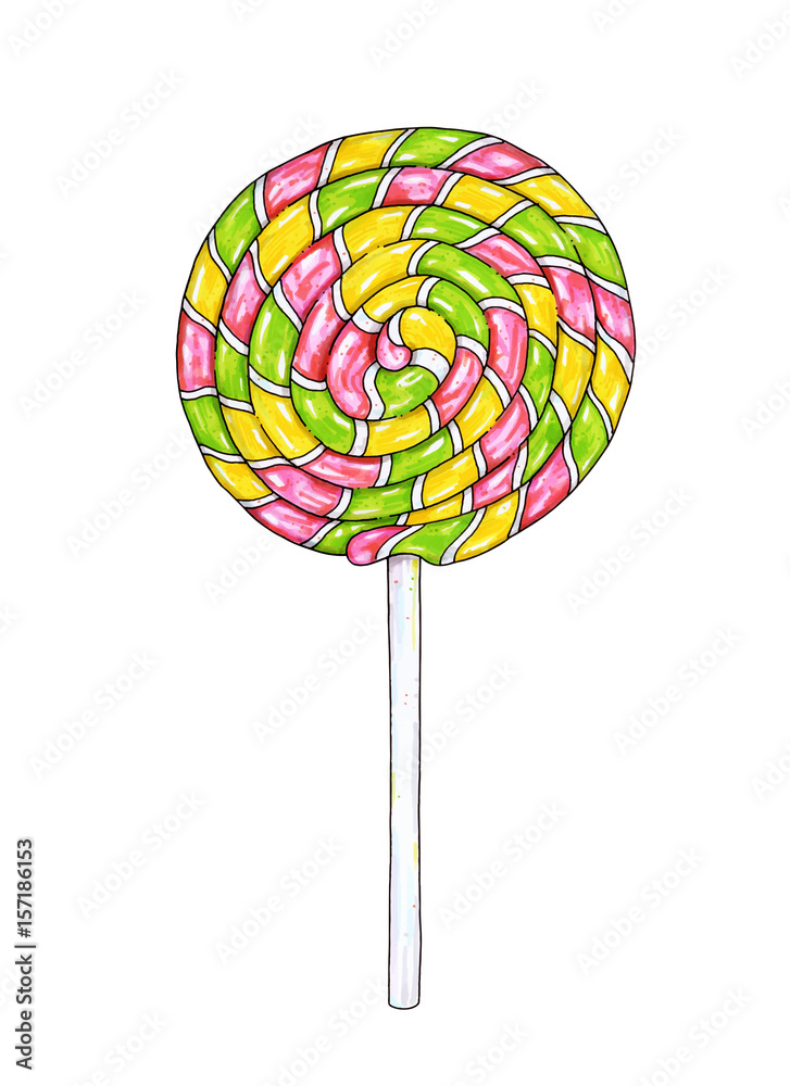 Lollipop on stick for design. Handwork sketch isolated on a white background. Vector cartoon candy illustration Lollipop on stick for design. Handwork sketch isolated on a white background. Vector cartoon candy illustration