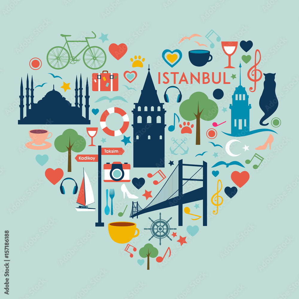 Obraz premium istanbul turkey icon set, flat city symbols