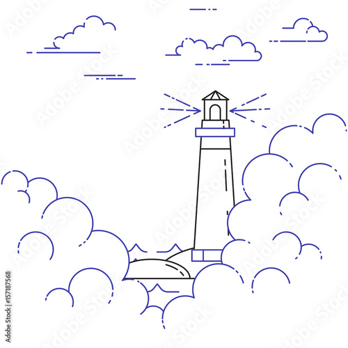 Traveling horizontal banner with lighthouse in the fog. Line art.