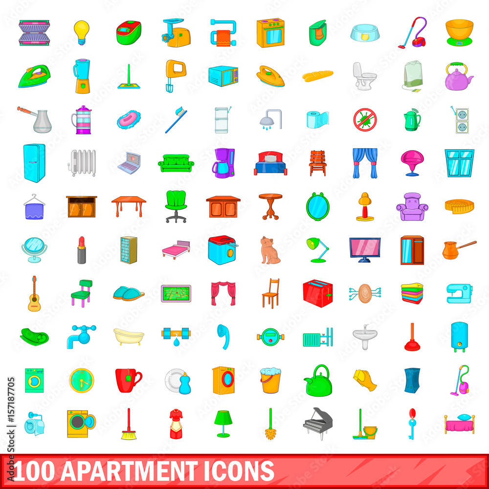 100 apartment icons set, cartoon style 100 apartment icons set, cartoon style