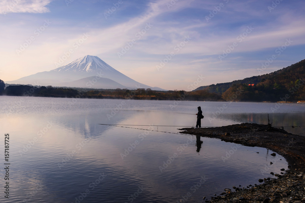 fishing at Shoji lake with mt. Fuji