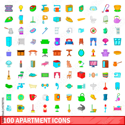 100 apartment icons set, cartoon style