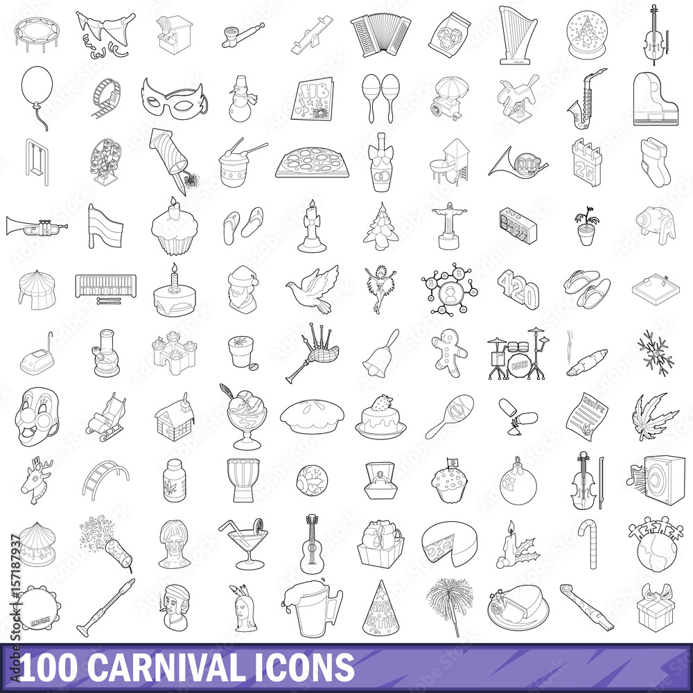 100 carnival icons set, outline style 100 carnival icons set, outline style