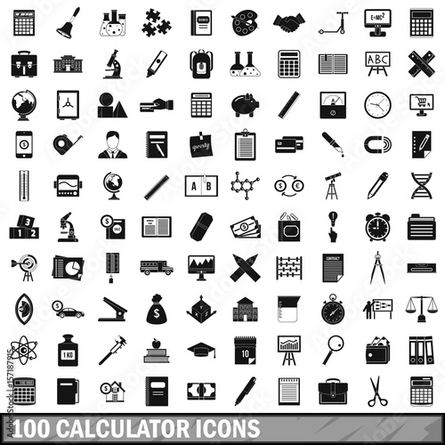 100 calculator icons set, simple style 