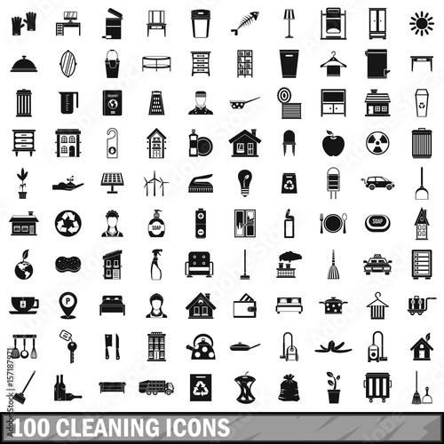 100 cleaning icons set, simple style 