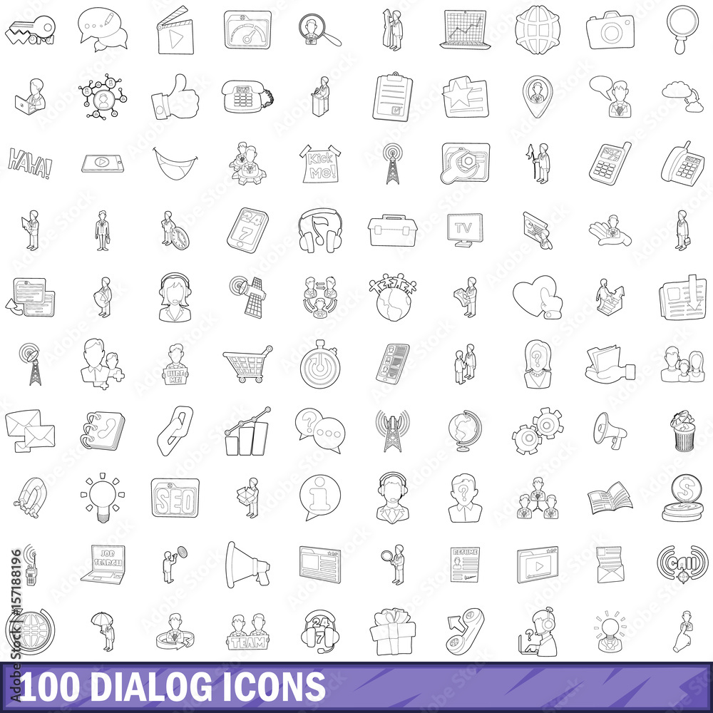 100 dialog icons set, outline style 100 dialog icons set, outline style