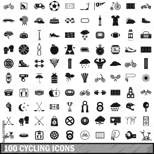 100 cycling icons set, simple style 