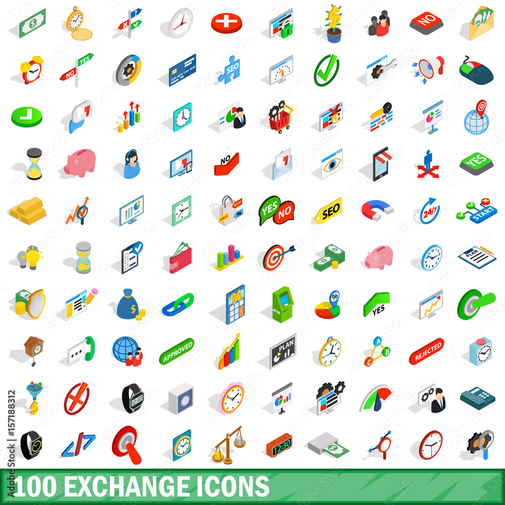 100 exchange icons set, isometric 3d style 100 exchange icons set, isometric 3d style